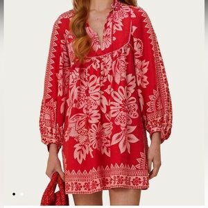Farm Rio Flora Tapestry Red Long Sleeve Mini Dress XL